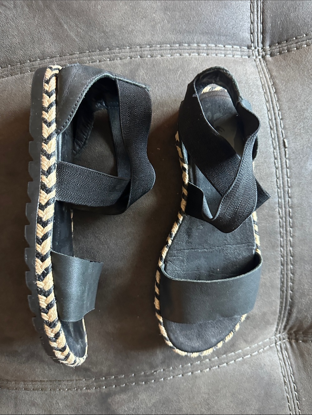 Sorel Black Elastic Espadrille Sandals with Braided Trim
